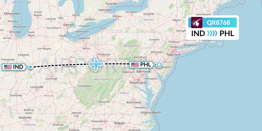 QR8768 Qatar Airways Flight Map: Indianapolis to Philadelphia