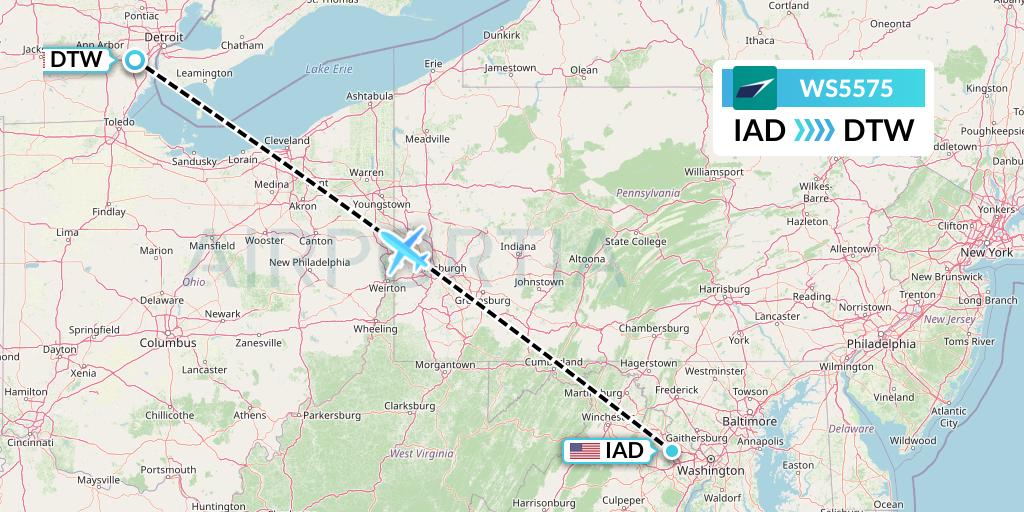 WS5575 WestJet Flight Map: Washington to Detroit