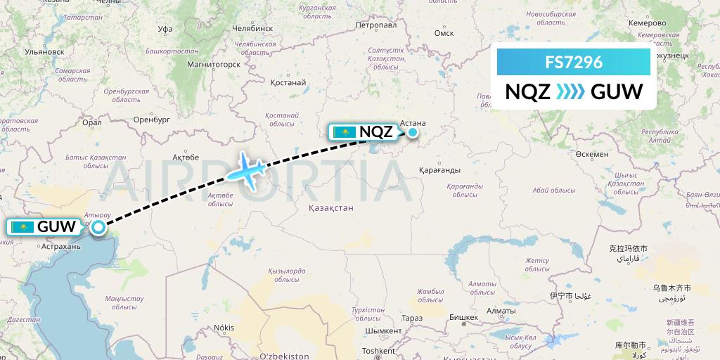 FS7296 Flyr Flight Map: Astana to Atyrau