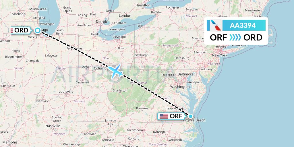 AA3394 American Airlines Flight Map: Norfolk to Chicago