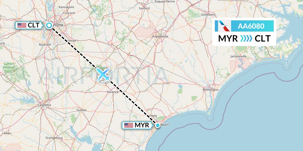 AA6080 American Airlines Flight Map: Myrtle Beach to Charlotte