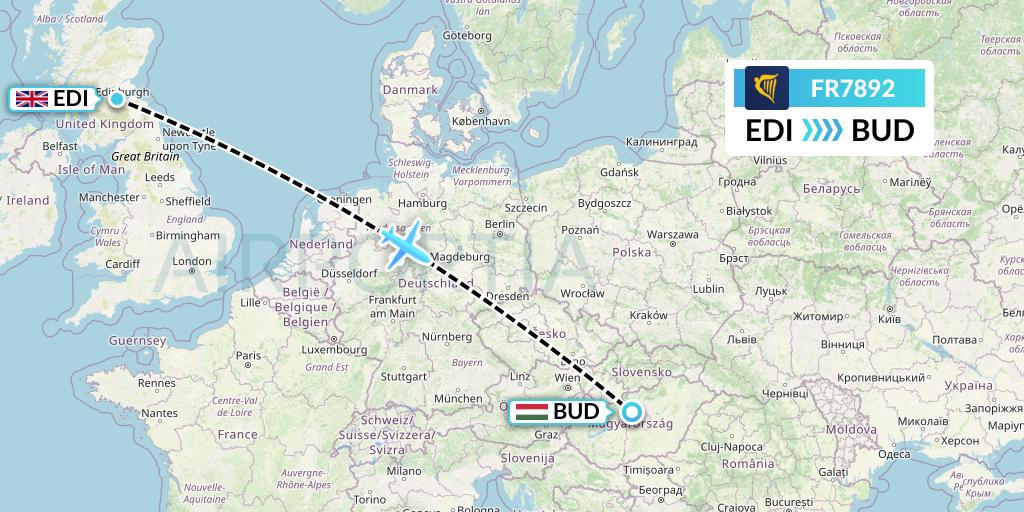 FR7892 Ryanair Flight Map: Edinburgh to Budapest