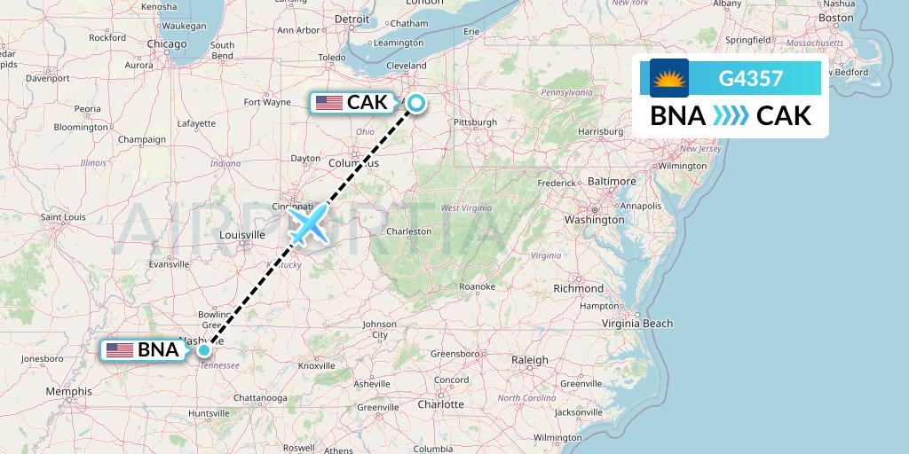 G4357 Allegiant Air Flight Map: Nashville to Akron