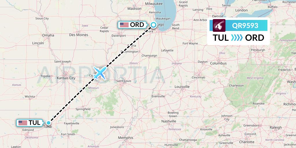 QR9593 Qatar Airways Flight Map: Tulsa to Chicago