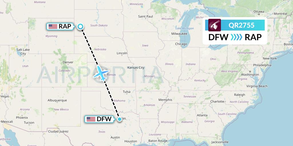 QR2755 Qatar Airways Flight Map: Dallas to Rapid City