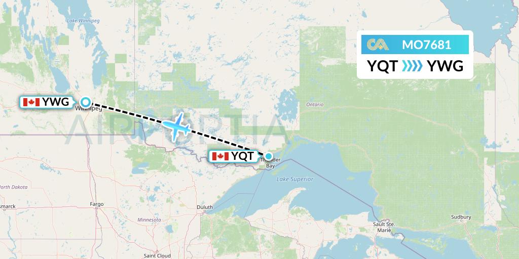 MO7681 Calm Air Flight Map: Thunder Bay to Winnipeg