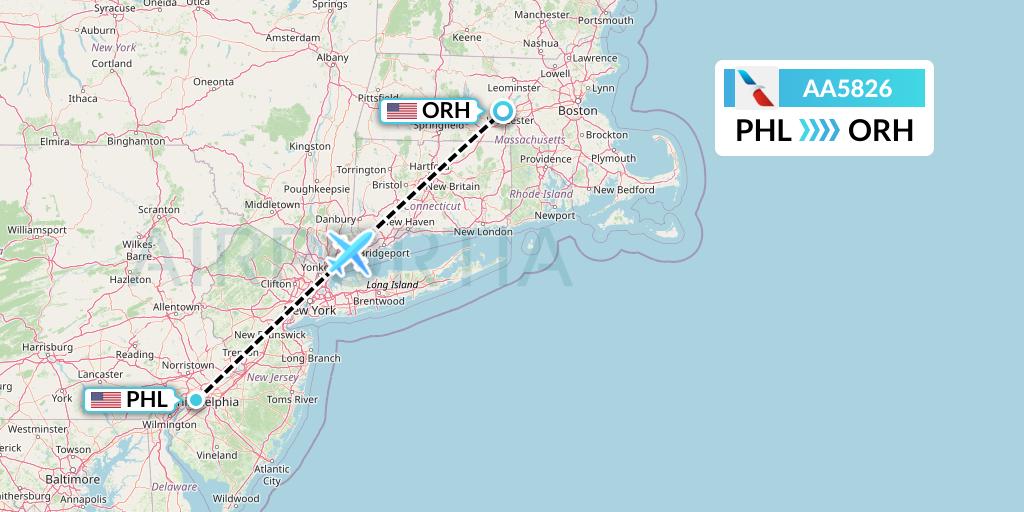 AA5826 American Airlines Flight Map: Philadelphia to Worcester