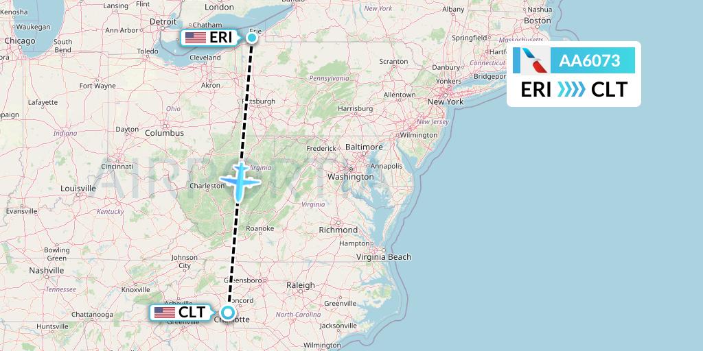 AA6073 American Airlines Flight Map: Erie to Charlotte