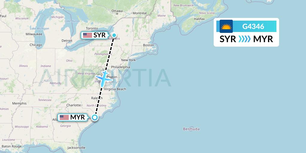 G4346 Allegiant Air Flight Map: Syracuse to Myrtle Beach