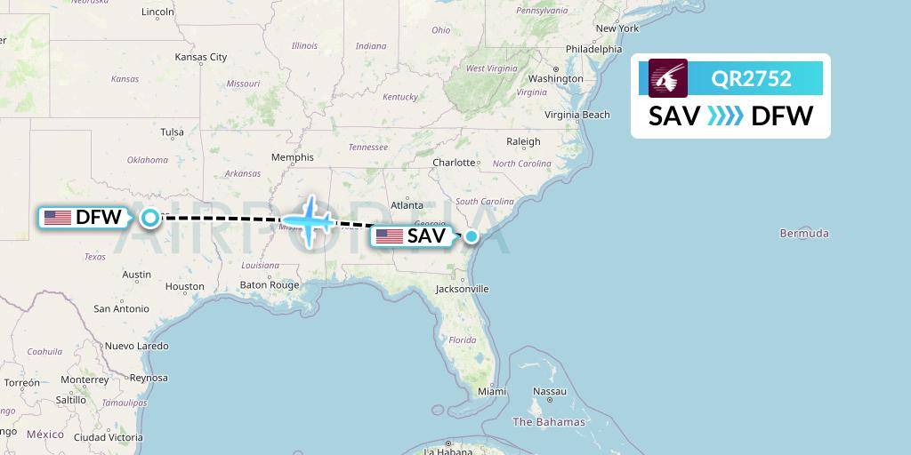 QR2752 Qatar Airways Flight Map: Savannah to Dallas