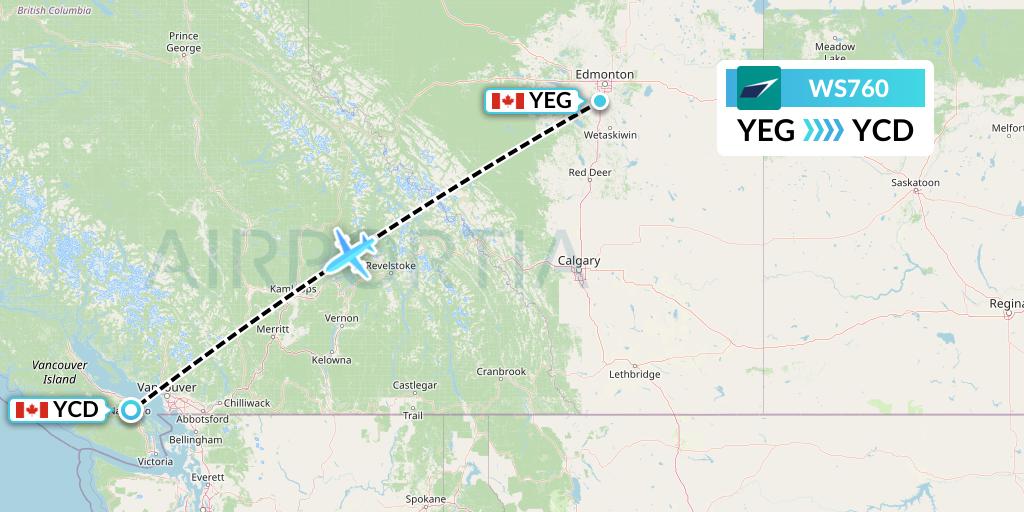 WS760 WestJet Flight Map: Edmonton to Nanaimo