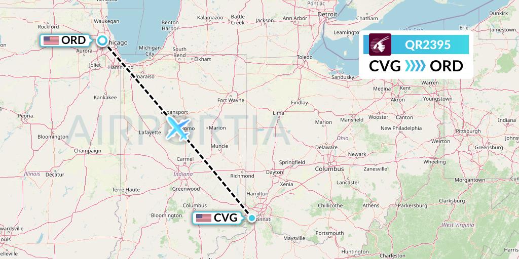QR2395 Qatar Airways Flight Map: Cincinnati to Chicago