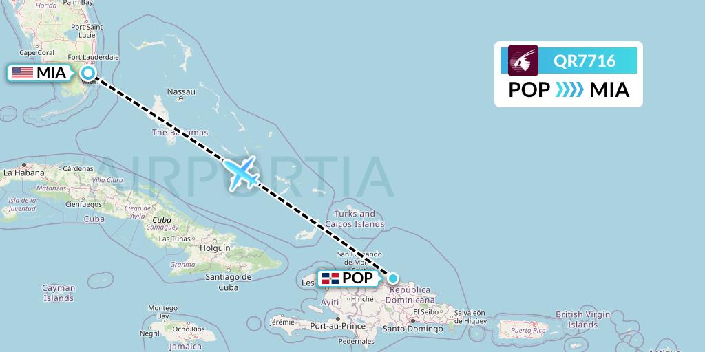 QR7716 Qatar Airways Flight Map: Puerto Plata to Miami
