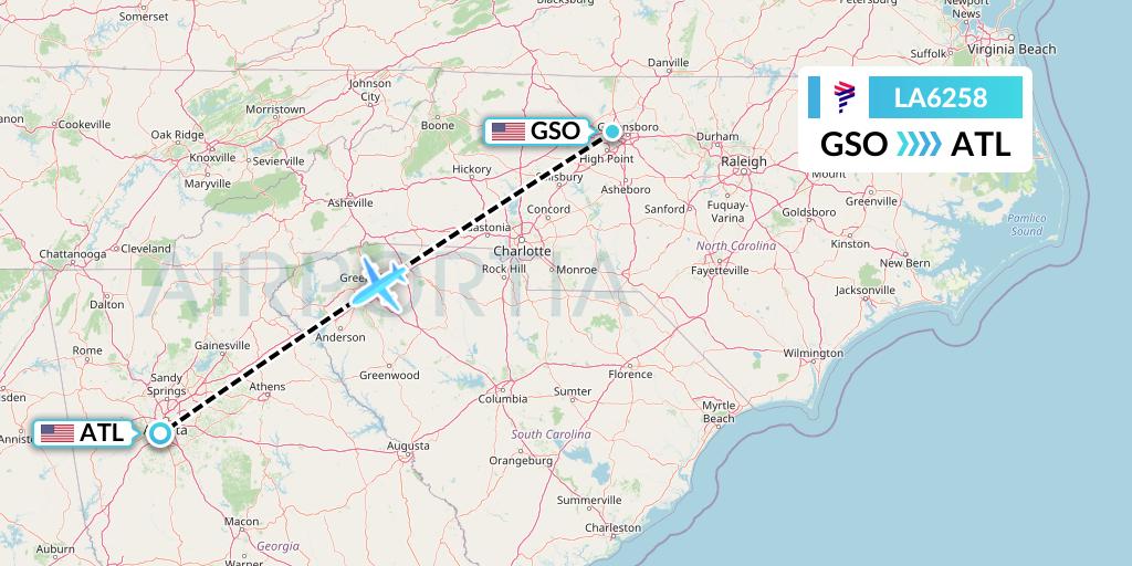 LA6258 LAN Airlines Flight Map: Greensboro to Atlanta