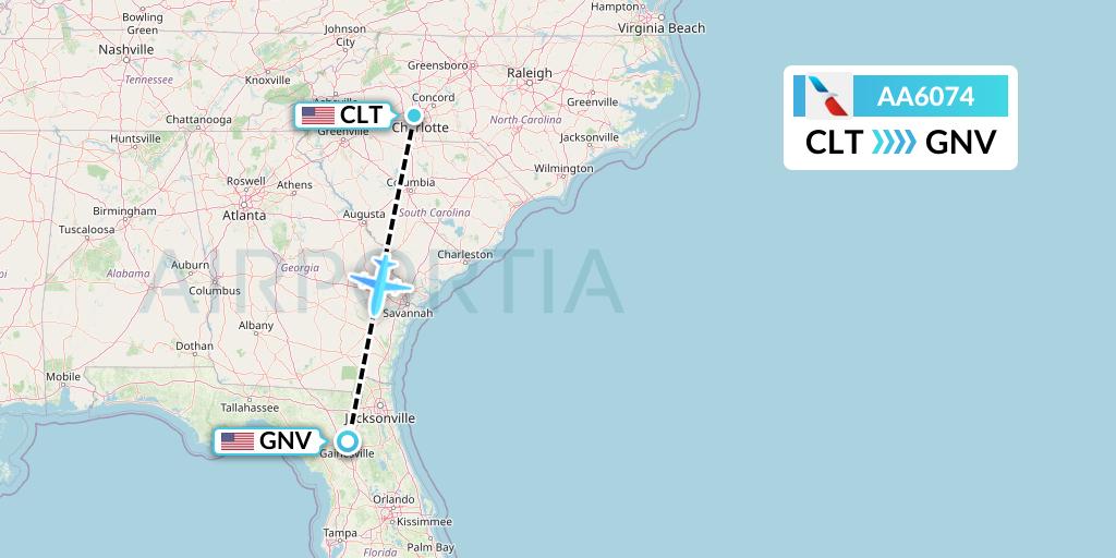 AA6074 American Airlines Flight Map: Charlotte to Gainesville