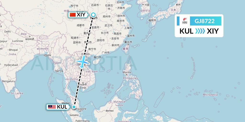GJ8722 Loong Airlines Flight Map: Kuala Lumpur to Xi'an