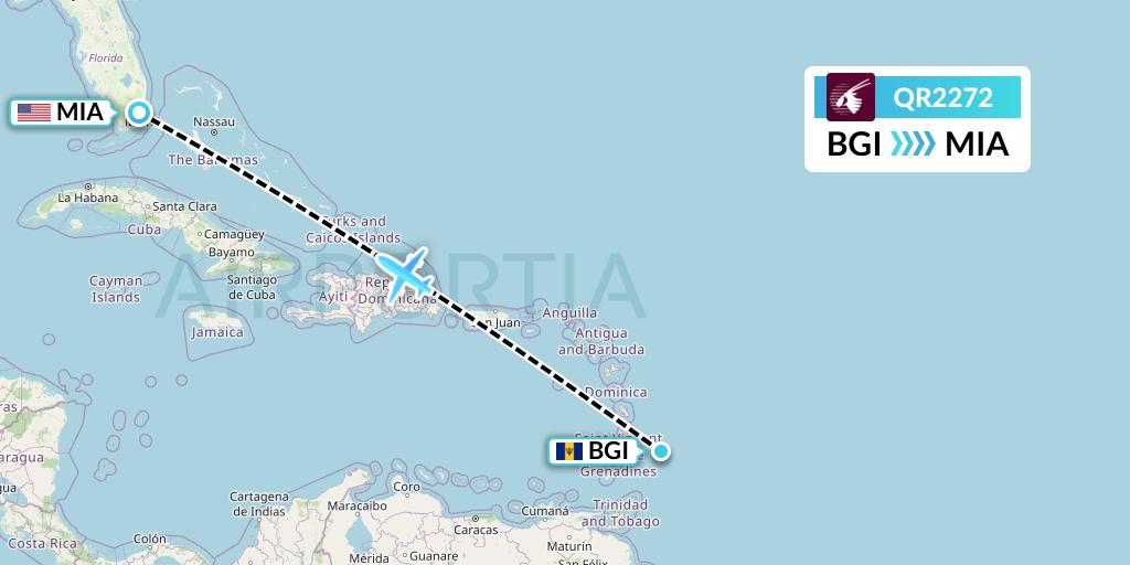 QR2272 Qatar Airways Flight Map: Bridgetown to Miami