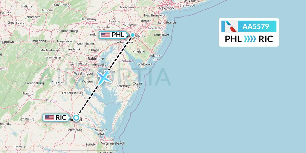 AA5579 American Airlines Flight Map: Philadelphia to Richmond