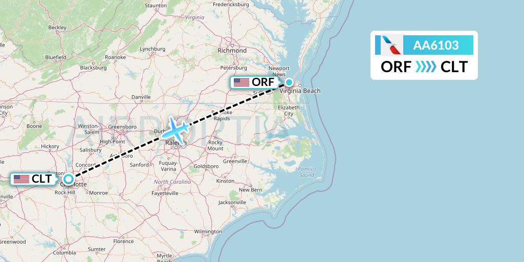 AA6103 American Airlines Flight Map: Norfolk to Charlotte