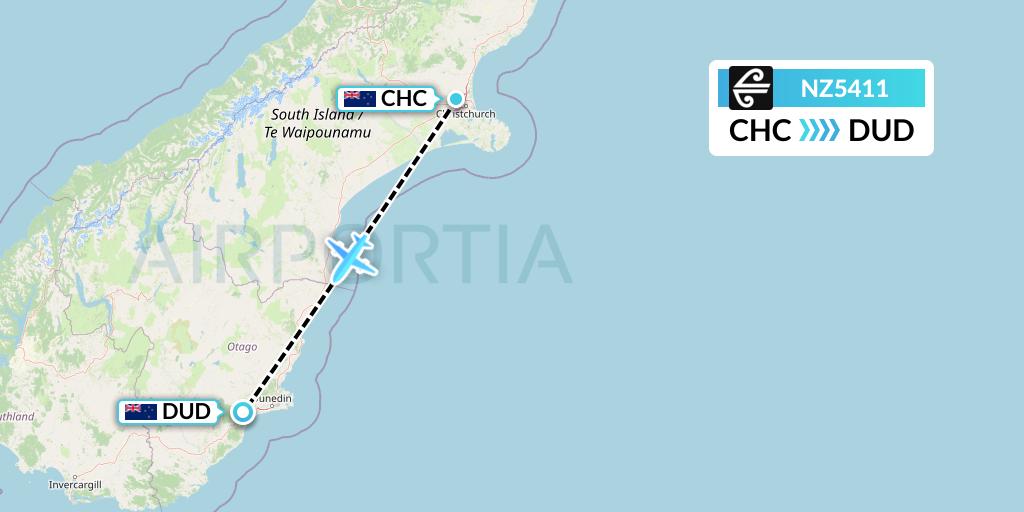 NZ5411 Air New Zealand Flight Map: Christchurch to Dunedin