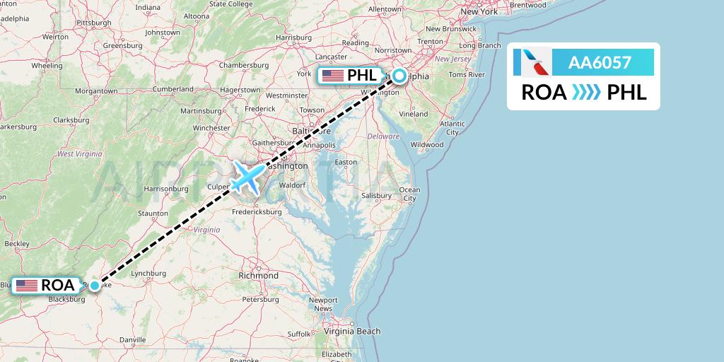 AA6057 American Airlines Flight Map: Roanoke to Philadelphia