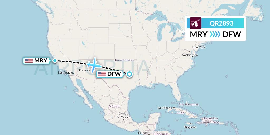 QR2893 Qatar Airways Flight Map: Monterey to Dallas