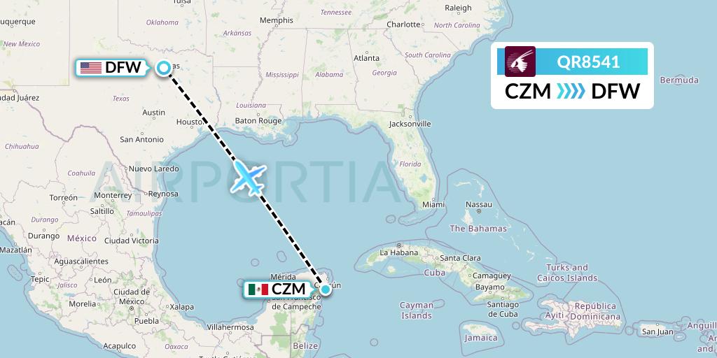 QR8541 Qatar Airways Flight Map: Cozumel to Dallas