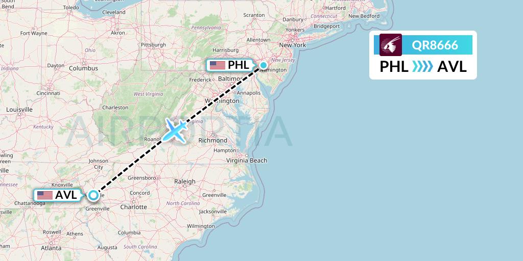 QR8666 Qatar Airways Flight Map: Philadelphia to Asheville