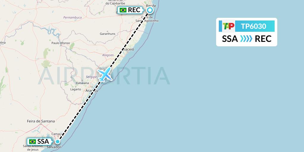 TP6030 TAP Portugal Flight Map: Salvador to Recife