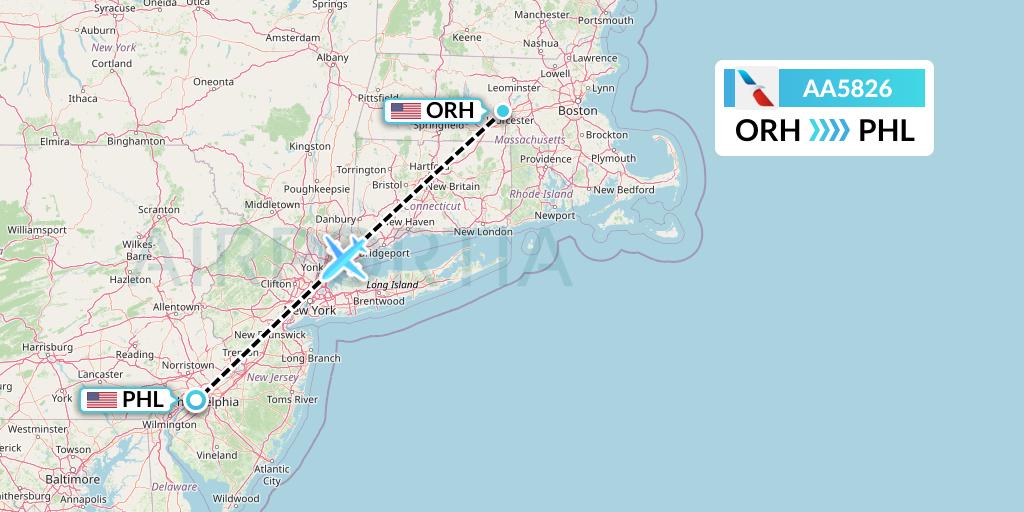 AA5826 American Airlines Flight Map: Worcester to Philadelphia
