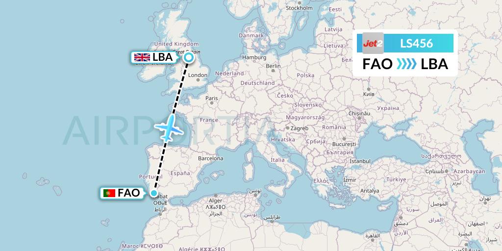 LS456 Jet2 Flight Map: Faro to Leeds