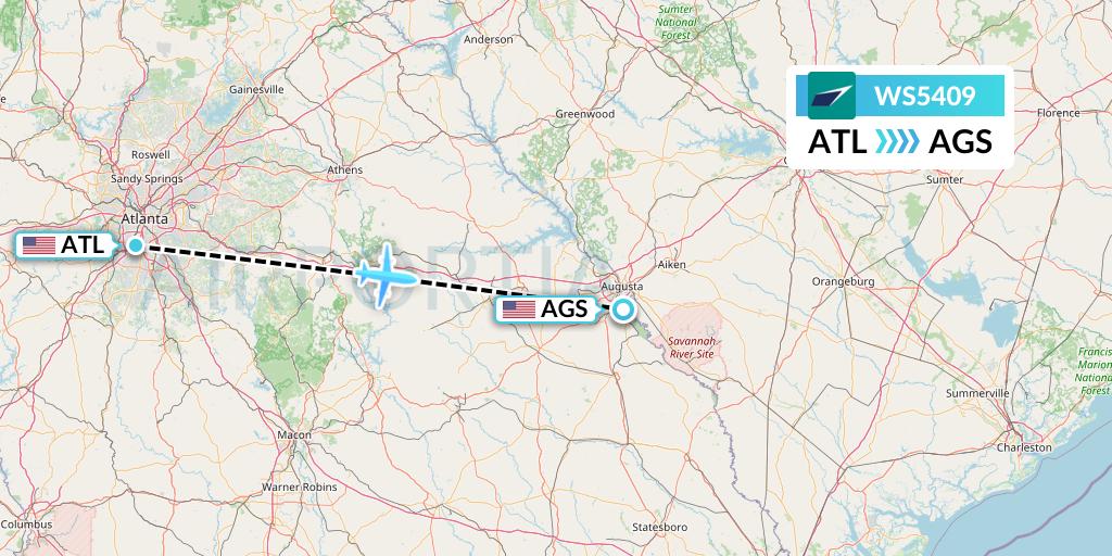 WS5409 WestJet Flight Map: Atlanta to Augusta