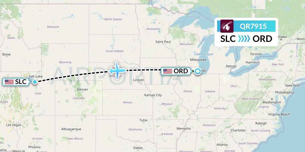 QR7915 Qatar Airways Flight Map: Salt Lake City to Chicago