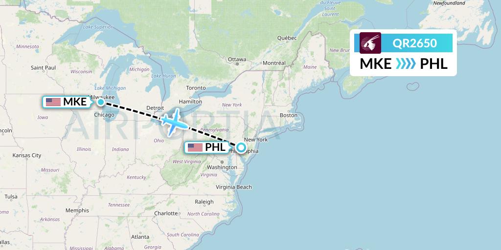 QR2650 Qatar Airways Flight Map: Milwaukee to Philadelphia