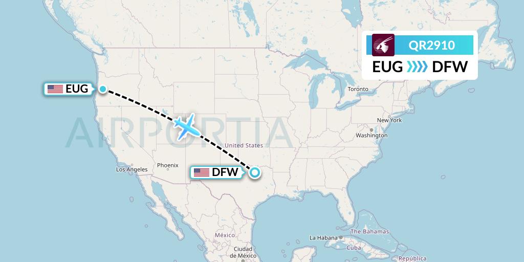 QR2910 Qatar Airways Flight Map: Eugene to Dallas