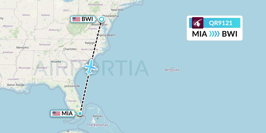 QR9121 Qatar Airways Flight Map: Miami to Baltimore
