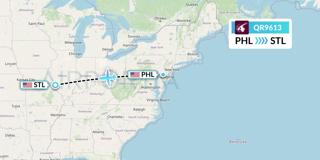 QR9613 Qatar Airways Flight Map: Philadelphia to St. Louis