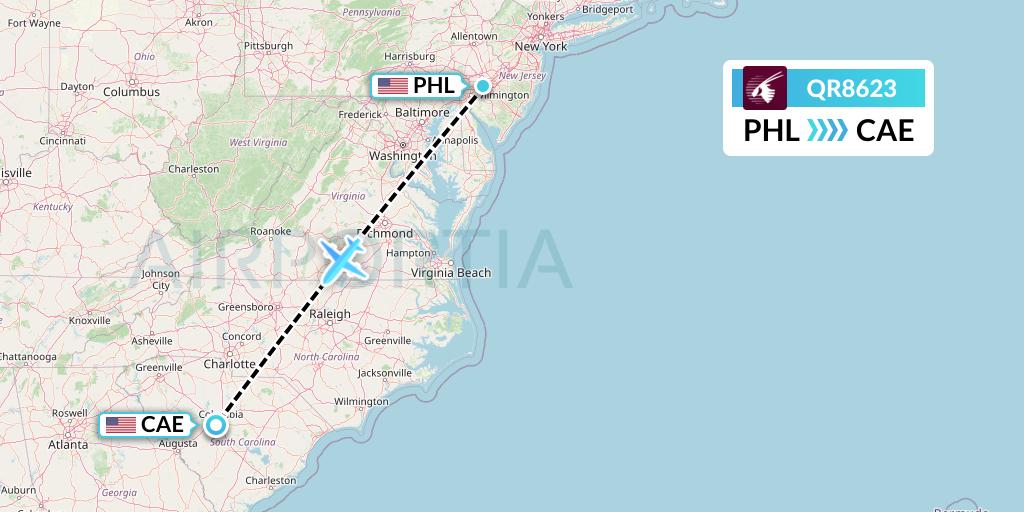 QR8623 Qatar Airways Flight Map: Philadelphia to Columbia