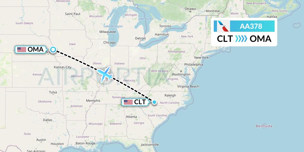 AA378 American Airlines Flight Map: Charlotte to Omaha