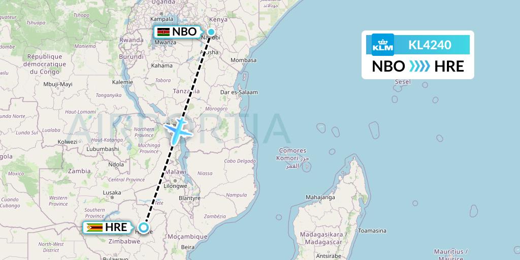 KL4240 KLM Flight Map: Nairobi to Harare