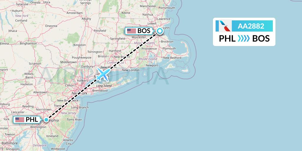 AA2882 American Airlines Flight Map: Philadelphia to Boston