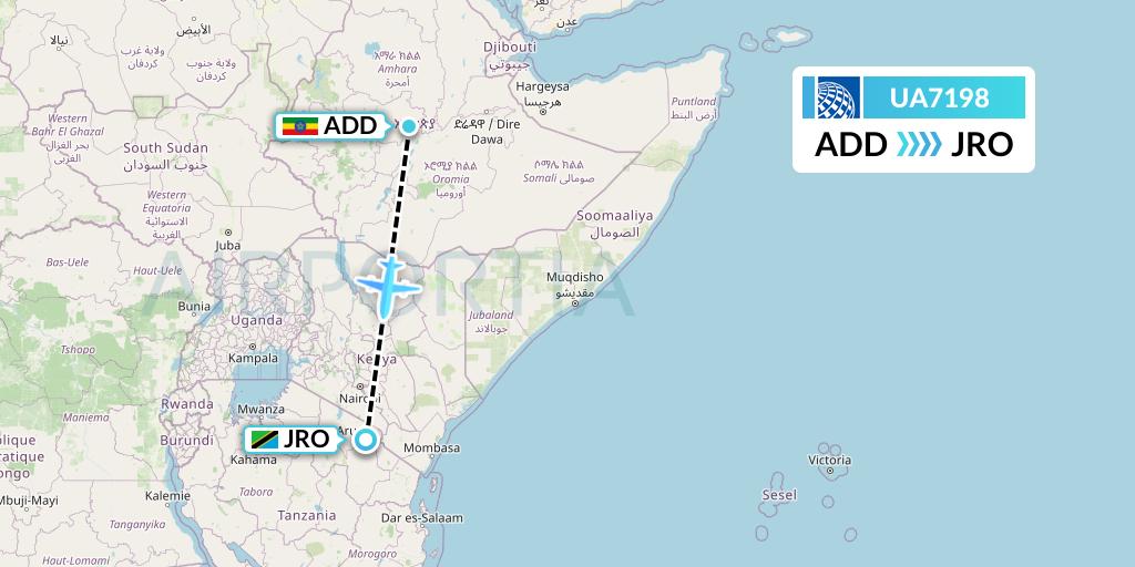 UA7198 United Airlines Flight Map: Addis Ababa to Kilimanjaro