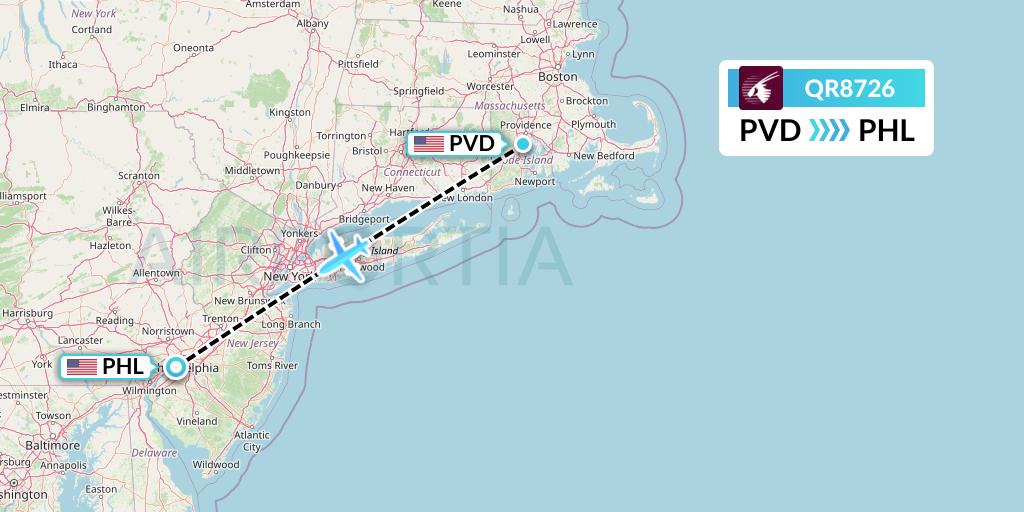 QR8726 Qatar Airways Flight Map: Providence to Philadelphia