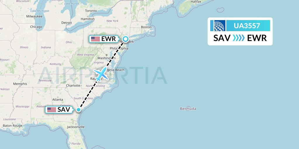 UA3557 United Airlines Flight Map: Savannah to New York
