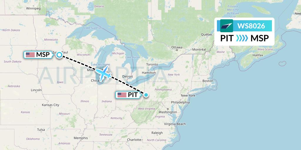 WS8026 WestJet Flight Map: Pittsburgh to Minneapolis