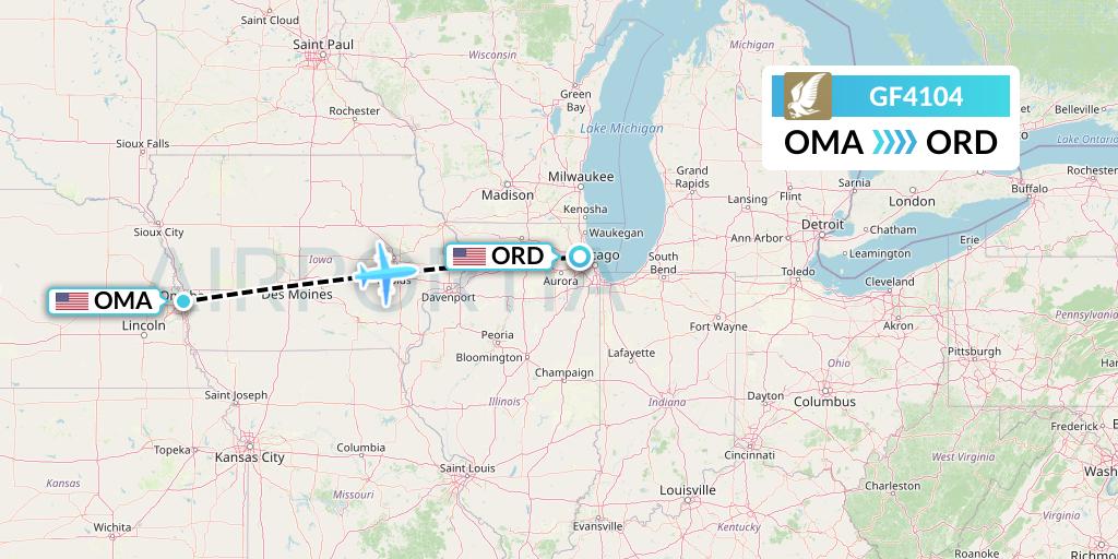 GF4104 Gulf Air Flight Map: Omaha to Chicago