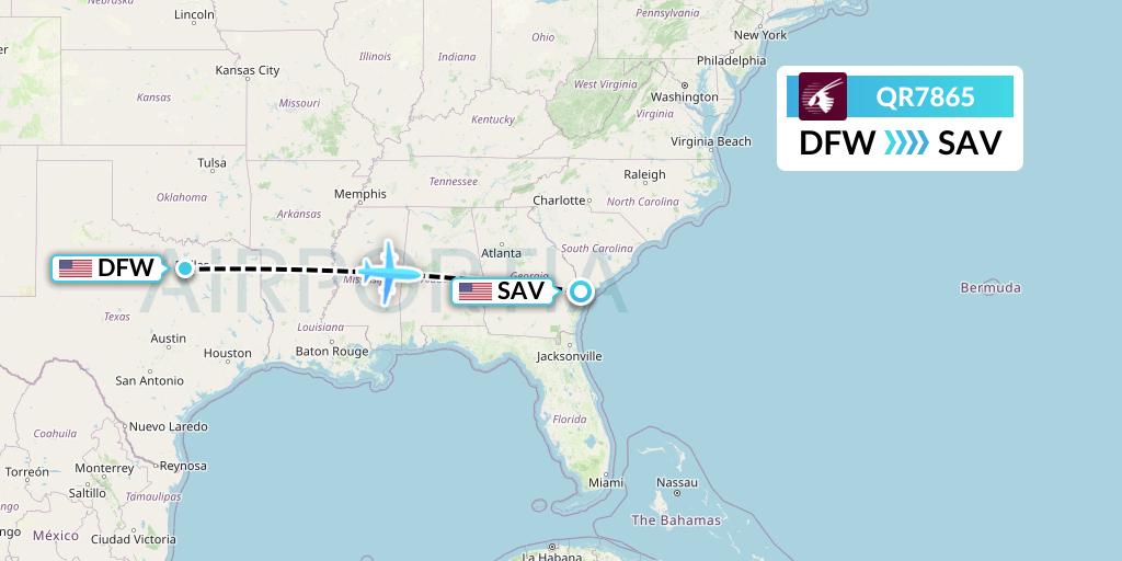 QR7865 Qatar Airways Flight Map: Dallas to Savannah