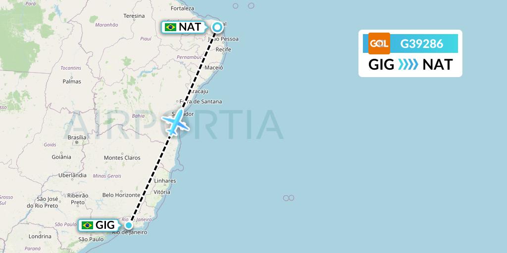 G39286 GOL Transportes Aeros Flight Map: Rio de Janeiro to Natal