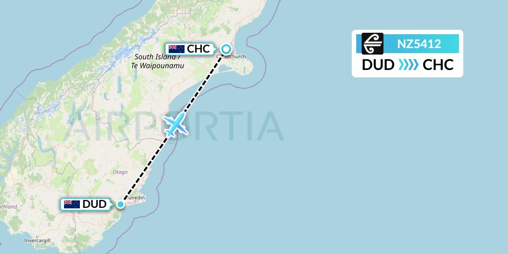 NZ5412 Air New Zealand Flight Map: Dunedin to Christchurch