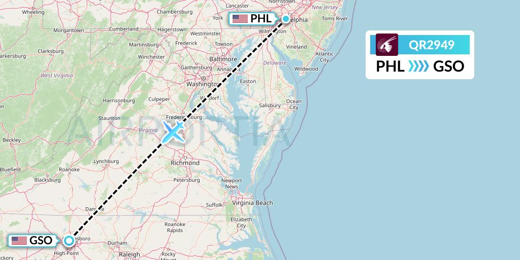 QR2949 Qatar Airways Flight Map: Philadelphia to Greensboro